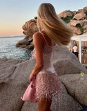 Cute A line Pink Spaghetti Straps Short Summer Birthday Dress Hoco Dress Birthday Outfit 19th Birthday Mini Party Dresses HZ1121