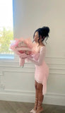 Cute Sheath Pink Square Neckline Short Summer Sequin Birthday Dress Hoco Dress Birthday Outfit 19th Birthday Mini Party Dresses HZ1121