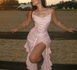 Sexy A Line Chiffon Long Birthday Dress Pink Prom Dress Baddie Birthday Outfit HZ1121