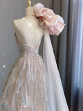 Classy Ball Gown One Shoulder Pink Sequin Evening Dress Long Prom Dresses HZ1121