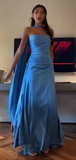 Simple A line Spaghetti Straps Blue Satin Prom Dresses Birthday Outfits HZ1022