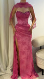 Pink Lace Mermaid Prom Dress with Slit - V-Neck Evening Party HZ0308