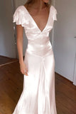 Elegant Satin V Neck Ruffles Short Sleeves Prom Dress with HZ0308