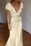 Elegant Satin V Neck Ruffles Short Sleeves Prom Dress with HZ0308