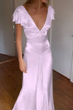 Elegant Satin V Neck Ruffles Short Sleeves Prom Dress with HZ0308