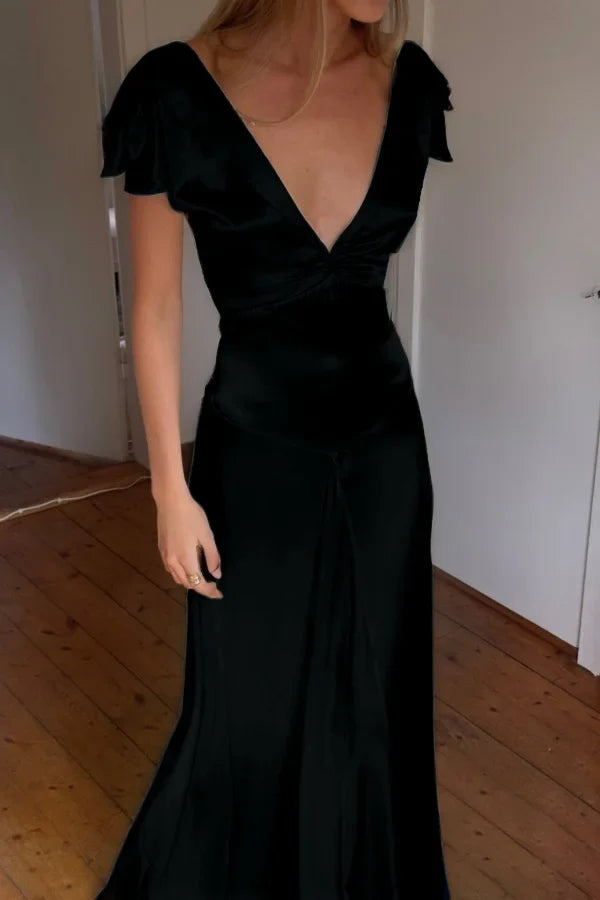 Elegant Satin V Neck Ruffles Short Sleeves Prom Dress with HZ0308