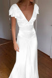 Elegant Satin V Neck Ruffles Short Sleeves Prom Dress with HZ0308