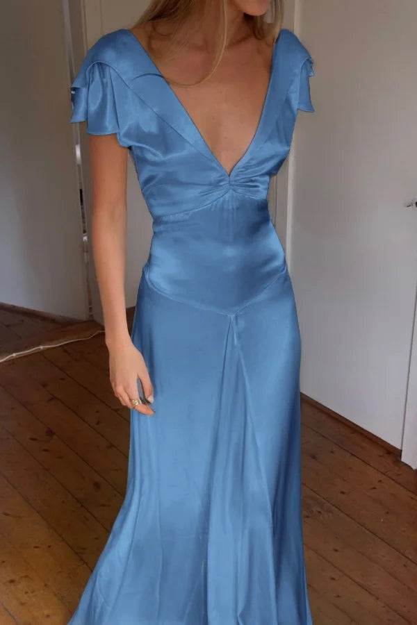 Elegant Satin V Neck Ruffles Short Sleeves Prom Dress with HZ0308