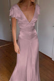 Elegant Satin V Neck Ruffles Short Sleeves Prom Dress with HZ0308