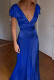Elegant Satin V Neck Ruffles Short Sleeves Prom Dress with HZ0308