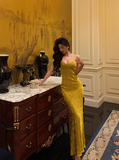 Pretty Mermaid Spaghetti Straps Yellow Satin 18th Birthday Dress Party Birthday Outfits For Womens HZ1121