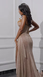 Glitter Bodycon Champagne Evening Prom Dress, Sexy Beaded Split Party Formal HZ0308