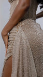 Glitter Bodycon Champagne Evening Prom Dress, Sexy Beaded Split Party Formal HZ0308