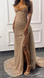 Glitter Bodycon Champagne Evening Prom Dress, Sexy Beaded Split Party Formal HZ0308