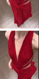 High Quality Red Beaded V-neck Sexy Prom Dresses Sleeveless Evening Party HZ0308