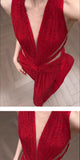 High Quality Red Beaded V-neck Sexy Prom Dresses Sleeveless Evening Party HZ0308