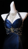Navy Blue Halter Beaded Long Prom Dresses Slim Evening Party Gown With Slit HZ0308