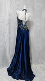 Navy Blue Halter Beaded Long Prom Dresses Slim Evening Party Gown With Slit HZ0308
