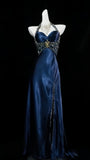 Navy Blue Halter Beaded Long Prom Dresses Slim Evening Party Gown With Slit HZ0308