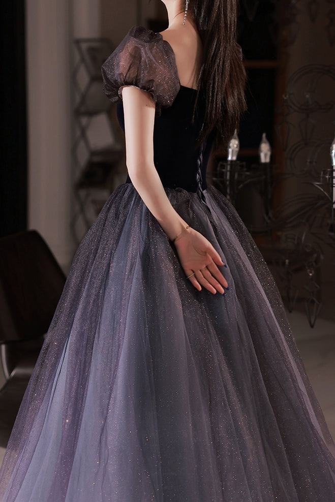 Navy Blue A-line Short Puffy Sleeves Princess Long HZ0308