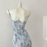 Blue summer romance song neck halter design goddess dress long and short chiffon dress for women HZ1121