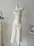 Cute A line Spaghetti Straps Champagne Floral Long Satin Summer Dress For Women HZ1121