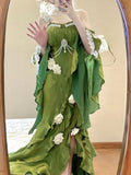 Vintage High Low Spaghetti Straps Green 16th Birthday Dress With Sleeves Lolita Dress Satin Birthday Outfits HZ1121