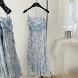 Blue summer romance song neck halter design goddess dress long and short chiffon dress for women HZ1121