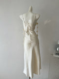 Cute A line Spaghetti Straps Champagne Floral Long Satin Summer Dress For Women HZ1121