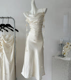 Cute A line Spaghetti Straps Champagne Floral Long Satin Summer Dress For Women HZ1121
