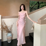 Cute A line Spaghetti Straps Pink Floral Long Satin Summer Dress For Women HZ1121