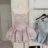 Cute Ball Gown Strapless Satin Floral Pink Short Summer Dress Holiday Party Outfits For Women HZ1121