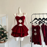 Cute Spaghetti Straps Red Ruffles Velvet Summer Dress 3 Pieces Holiday Party Outfits For Women HZ1121