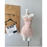 Cute Spaghetti Straps Pink Ruffles Tulle Summer Dress 2 Pieces Holiday Party Outfits For Women HZ1121