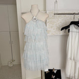 Sexy A line Halter Blue Tulle Min Summer Dress Holiday Party Homecoming Dress Birthday Outfits For Teens HZ1121
