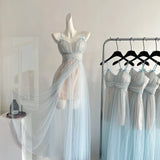 Sexy A Line Spaghetti Straps Blue Tulle Summer Dress Holiday Party Birthday Outfits For Teens HZ1121