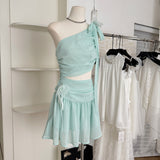 Cute A line One Shoulder Green Chiffon Short Summer Dress Holiday Party Birthday Outfits HZ1121