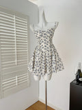 Cute A line Spaghetti Straps Blue Floral Chiffon Short Summer Dress Holiday Party Birthday Outfits HZ1121
