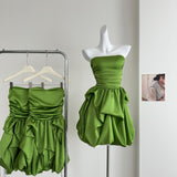 Cute A line Strapless Green Satin Short Summer Dress Holiday Party Birthday Outfits HZ1121