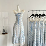 Sexy A line Straps Floral Blue Summer Dress Holiday Party Birthday Outfits For Women HZ1121