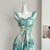 Sexy Mermaid Square Floral Green Summer Dress Holiday Party Birthday Outfits For Women HZ1121