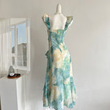 Sexy Mermaid Square Floral Green Summer Dress Holiday Party Outfits For Women HZ1121