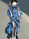 Vintage High Low Spaghetti Straps Blue 16th Birthday Dress Lolita Dress Satin Birthday Outfits HZ1121
