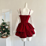 Cute Spaghetti Straps Red Ruffles Velvet Summer Dress 3 Pieces Holiday Party Outfits For Women HZ1121
