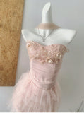 Cute Spaghetti Straps Pink Ruffles Tulle Summer Dress 2 Pieces Holiday Party Outfits For Women HZ1121