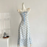Sexy A line Straps Floral Blue Summer Dress Holiday Party Birthday Outfits For Women HZ1121