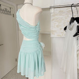 Cute A line One Shoulder Green Chiffon Short Summer Dress Holiday Party Birthday Outfits HZ1121