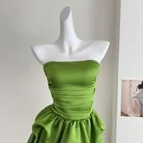 Cute A line Strapless Green Satin Short Summer Dress Holiday Party Birthday Outfits HZ1121