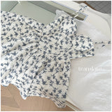 Cute A line Spaghetti Straps Blue Floral Chiffon Short Summer Dress Holiday Party Birthday Outfits HZ1121