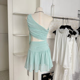 Cute A line One Shoulder Green Chiffon Short Summer Dress Holiday Party Birthday Outfits HZ1121